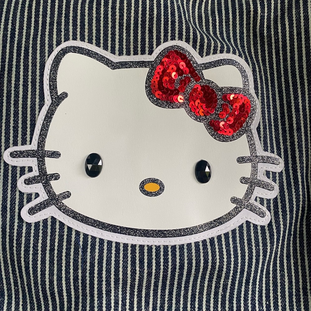 HELLO KITTY Sanrio 2008 Sequin Bow Striped Denim Red Trim Bag Tote Rare NWOT
